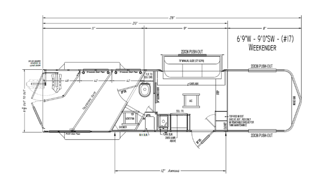 A black and white drawing of a trailer with measurements
