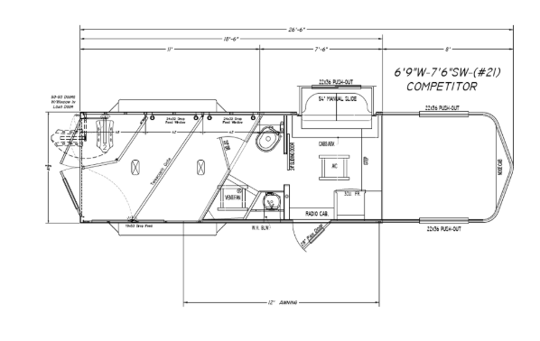 A black and white drawing of a trailer with measurements on a white background.