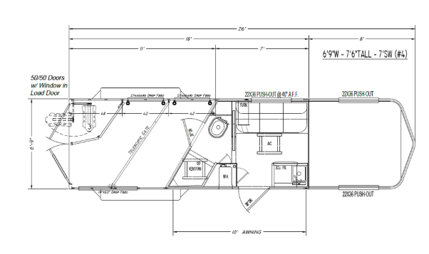 A black and white drawing of a trailer with measurements on a white background.