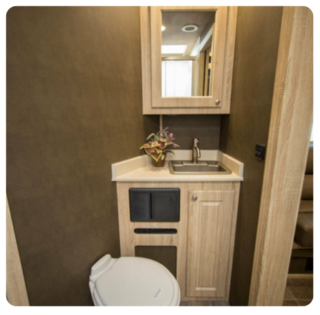 A bathroom with a toilet a sink and a mirror