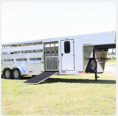 A white horse trailer is parked in a grassy field