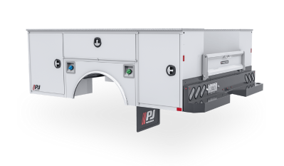 A white truck bed with drawers and a bumper on a white background.