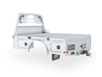 A white truck bed with drawers and a headache rack on a white background.