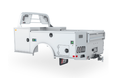 A white truck bed with a trailer attached to it on a white background.