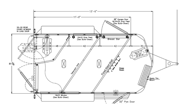 A black and white drawing of a trailer with measurements
