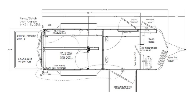 A black and white drawing of a trailer with measurements