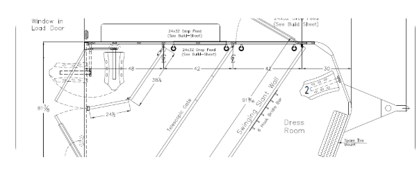 A black and white drawing of a trailer with measurements on a white background.