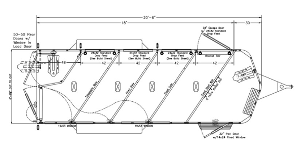 A black and white drawing of a trailer with measurements