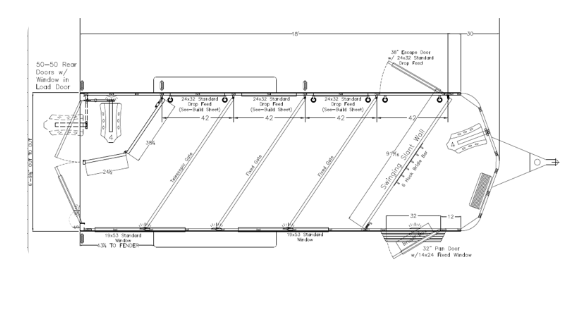 A black and white drawing of a trailer on a white background.
