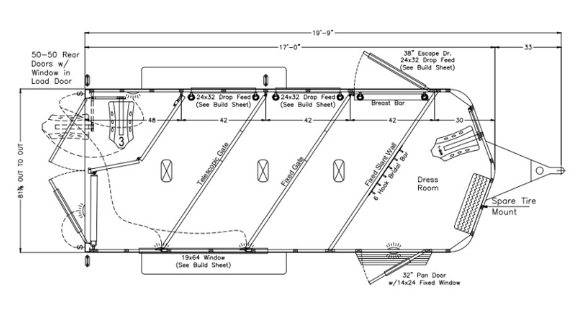 A black and white drawing of a trailer with measurements on a white background.