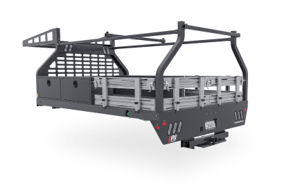 A truck bed with a rack on top of it on a white background.