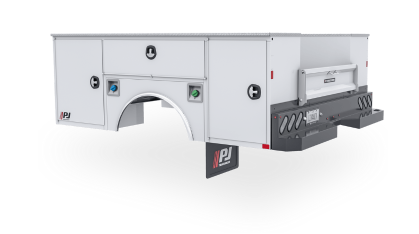 A white truck bed with drawers and a bumper on a white background.