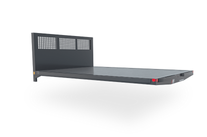 A flatbed truck bed with a grille on the back of it on a white background.