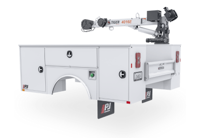 A white truck bed with a crane attached to it.