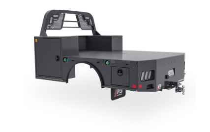 A truck bed with a toolbox and a headache rack on a white background.