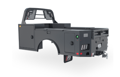 A black truck bed with a rack on top of it on a white background.