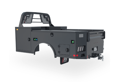 A gray truck bed with a toolbox attached to it on a white background.