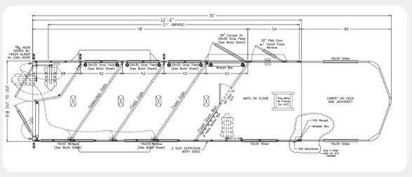 A black and white drawing of a building with measurements