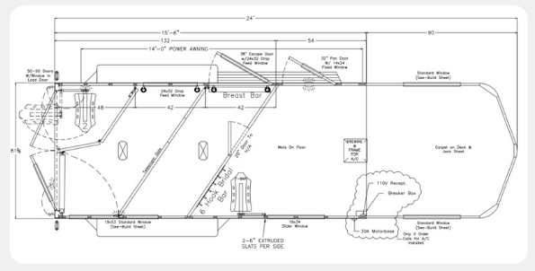 A black and white drawing of a trailer with measurements