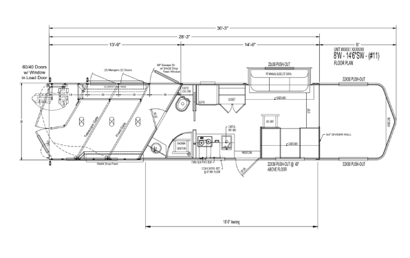 A black and white drawing of a trailer with measurements on a white background.