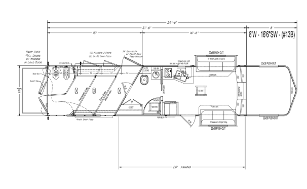 A black and white drawing of a trailer with measurements on a white background.