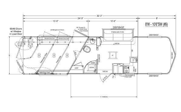 A black and white drawing of a trailer with measurements on a white background.