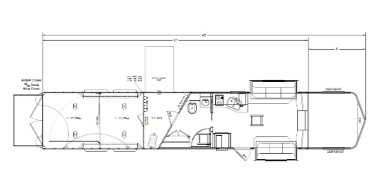 A black and white drawing of a trailer on a white background.