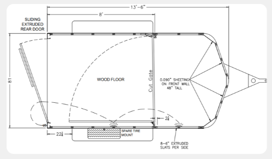 A black and white drawing of a trailer with measurements