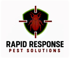 Rapid Response Pest Solutions logo with red beetle in green shield crosshairs