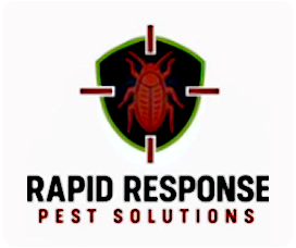 Rapid Response Pest Solutions logo with red beetle in green shield crosshairs
