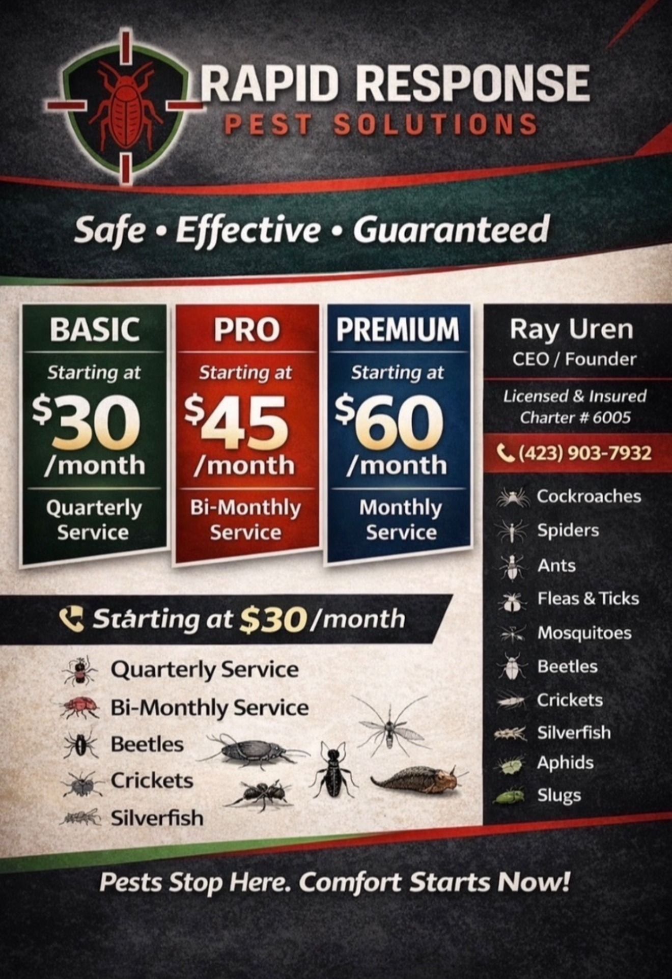 Rapid Response Pest Solutions ad with service tiers, pricing, and pests covered on dark background