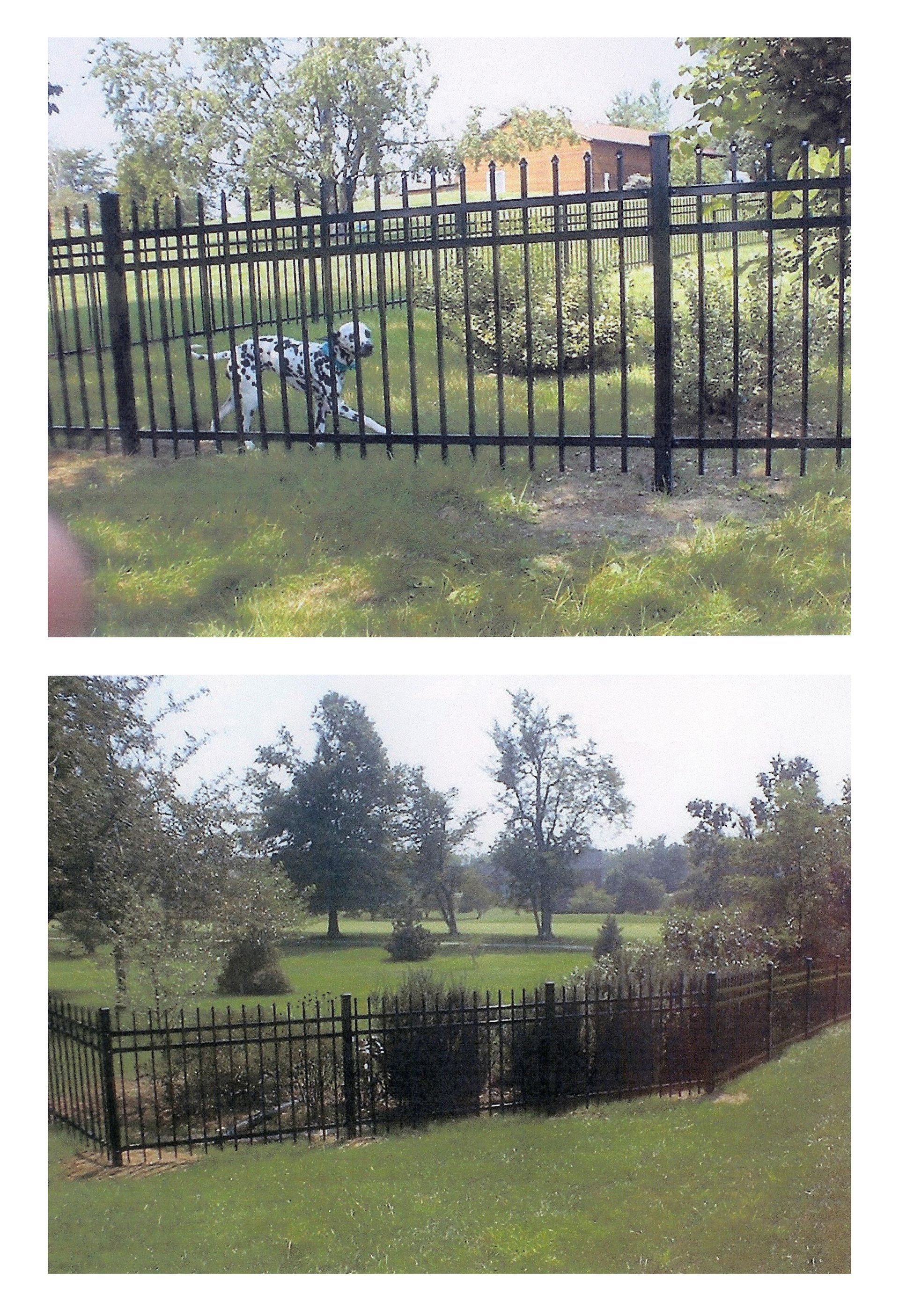 A before and after picture of a fence in a park.