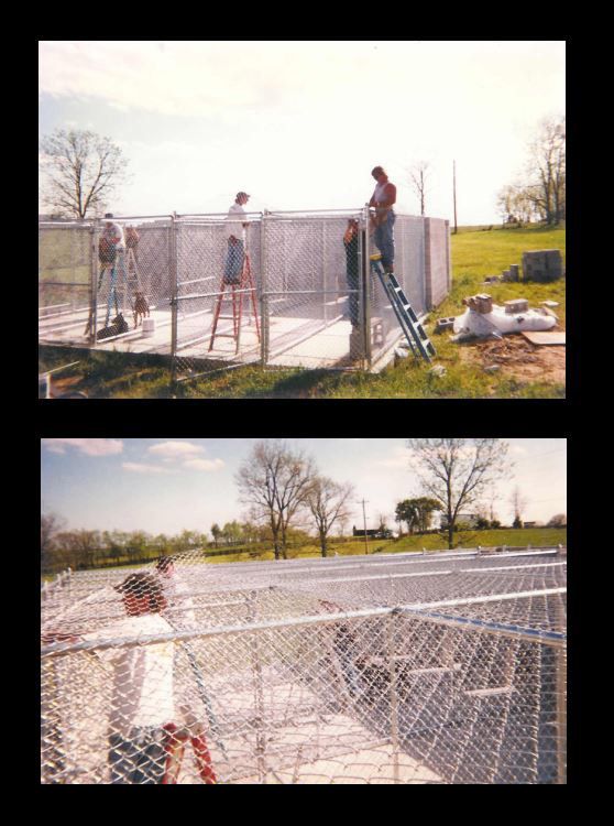 Two pictures of people working on a chain link fence.