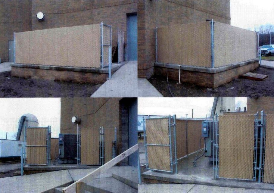 Four pictures of a building with a fence and stairs.