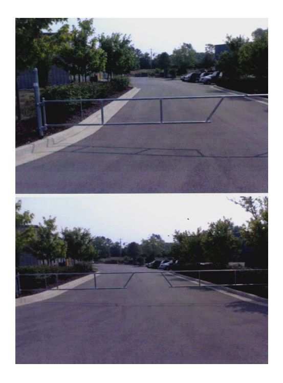 Two pictures of a parking lot with a metal gate.