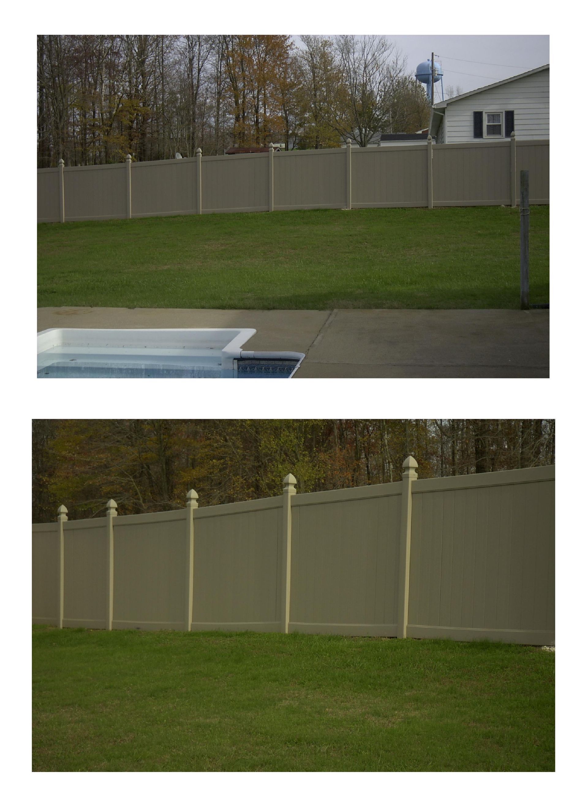 Two pictures of a fence with a pool in the background.