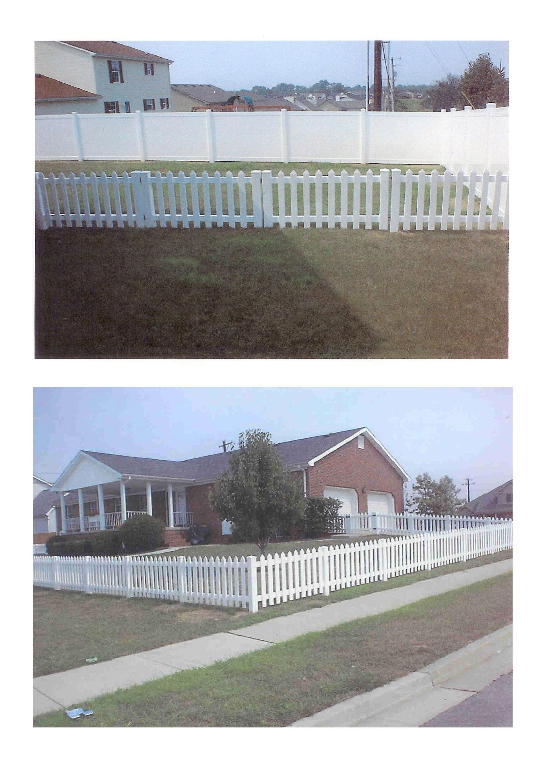 Two pictures of a house with a white picket fence.