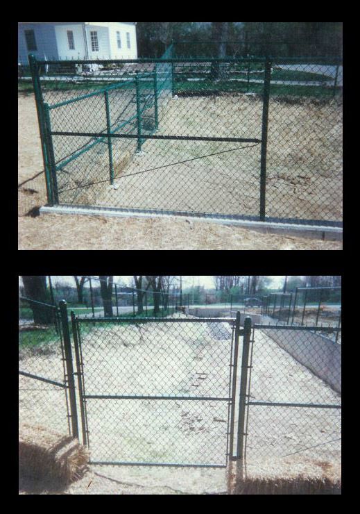 Two pictures of a chain link fence and a gate.