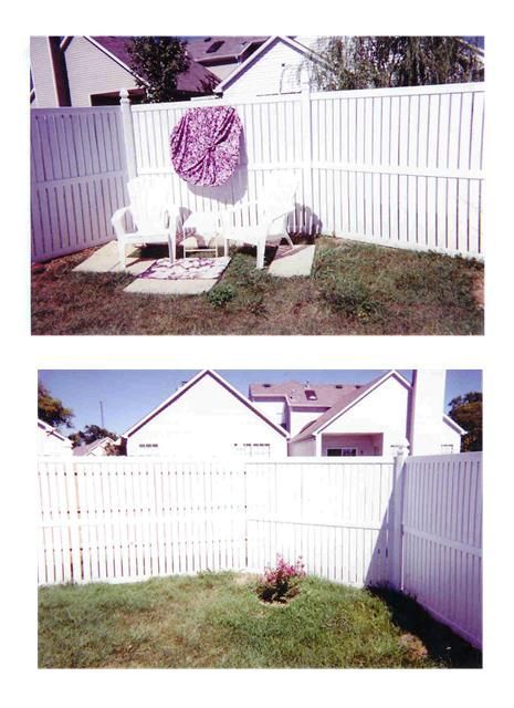 Two pictures of a backyard with a white fence.