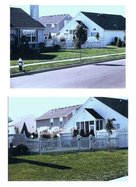 Two pictures of a house with a white picket fence.