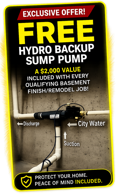 Ad for free hydro backup sump pump with qualified basement finish/remodel job, showing pump and water lines in a basement