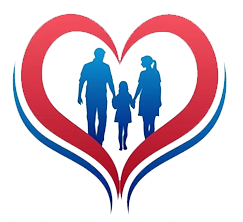 Blue family silhouettes inside a red heart outline with a blue accent