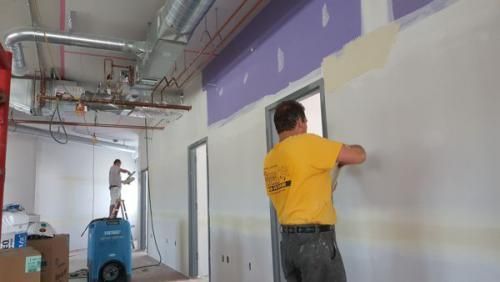 A man in a yellow shirt is painting a wall in a room.