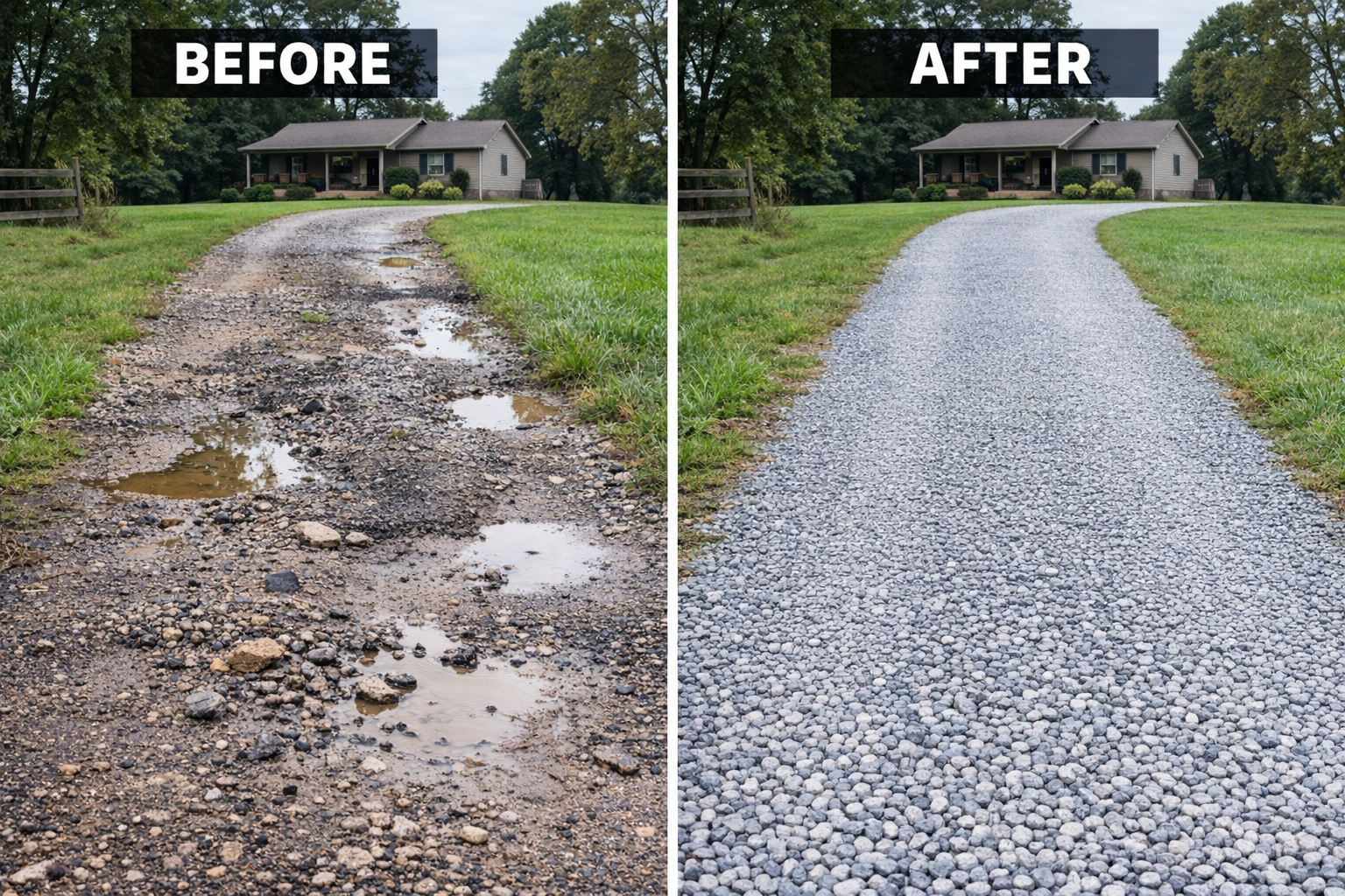 Split screen showing a muddy, rutted dirt driveway before being resurfaced with fresh gray gravel.
