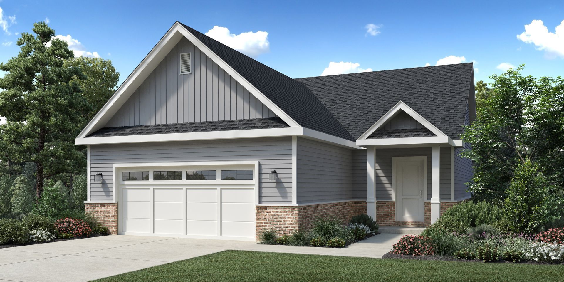 House with a gray exterior, brick base, and white garage doors. A front porch has a white door.