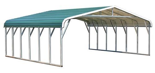 Green and white carport structure with an open design.