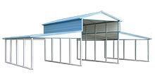 Blue and white metal barn structure with open sides.