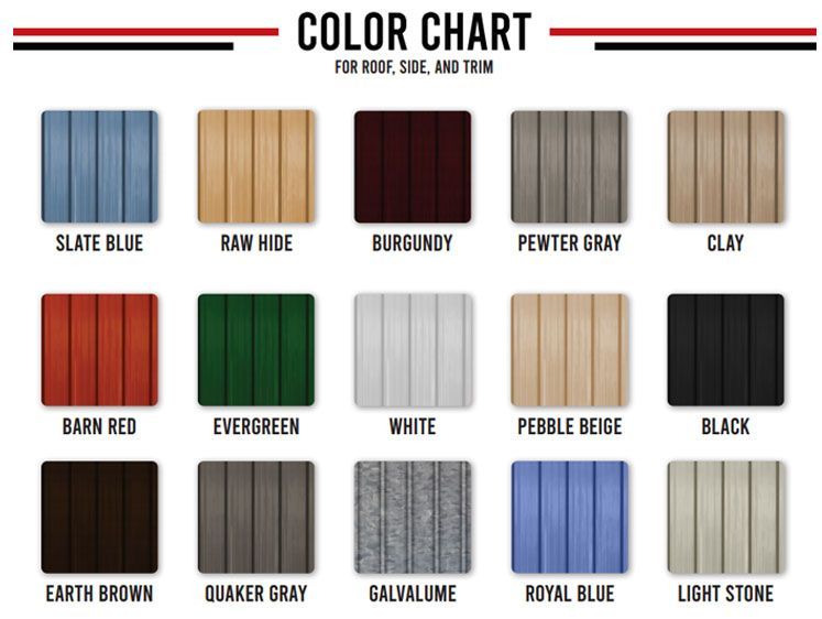 Color chart with 15 roofing options: Slate Blue, Raw Hide, Burgundy, Pewter Gray, Clay, Barn Red, Evergreen, White, Pebble Beige, Black, Earth Brown, Quaker Gray, Galvalume, Royal Blue, Light Stone.