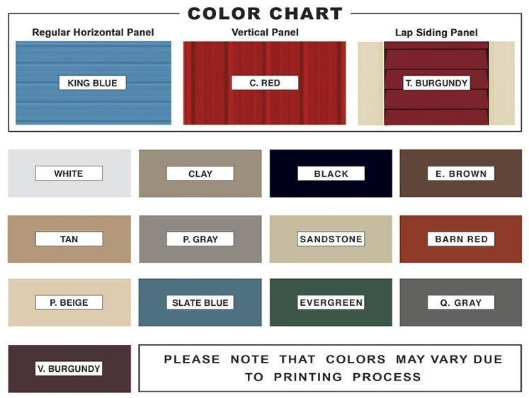 Color chart featuring various paint colors, including King Blue, O. Red, and T. Burgundy, with a disclaimer about color variation.