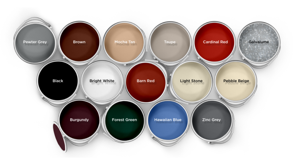 Paint cans in various colors including green, brown, tan, red, black, white, and blue.